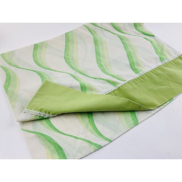 Vintage 1970s Dan River Percale Tranquale Green Wavy Sheet Set Flat Pillowcase - Picture 5 of 10